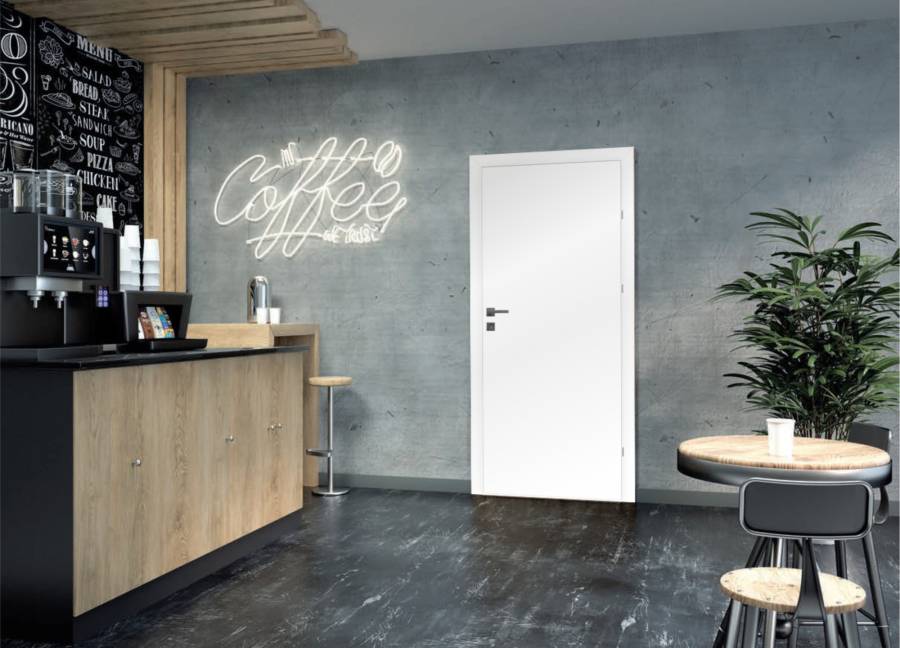 białe drzwi ciemna podłoga i ściany