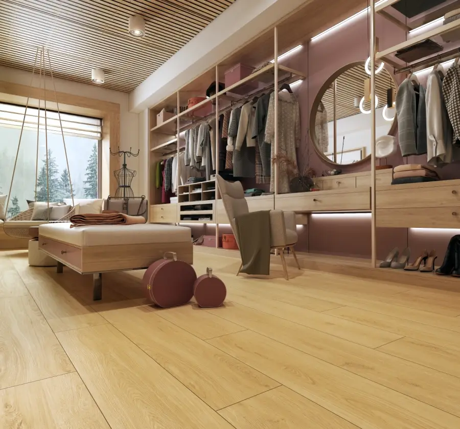 szeroka deska podlogowa w garderobie