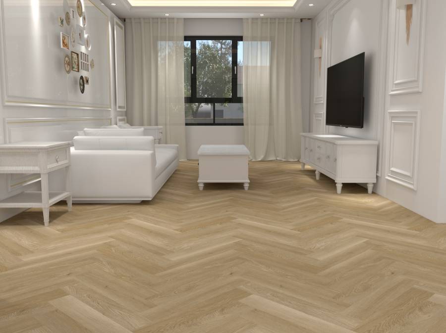 jasna jodełka w klasycznym salonie z białymi meblami