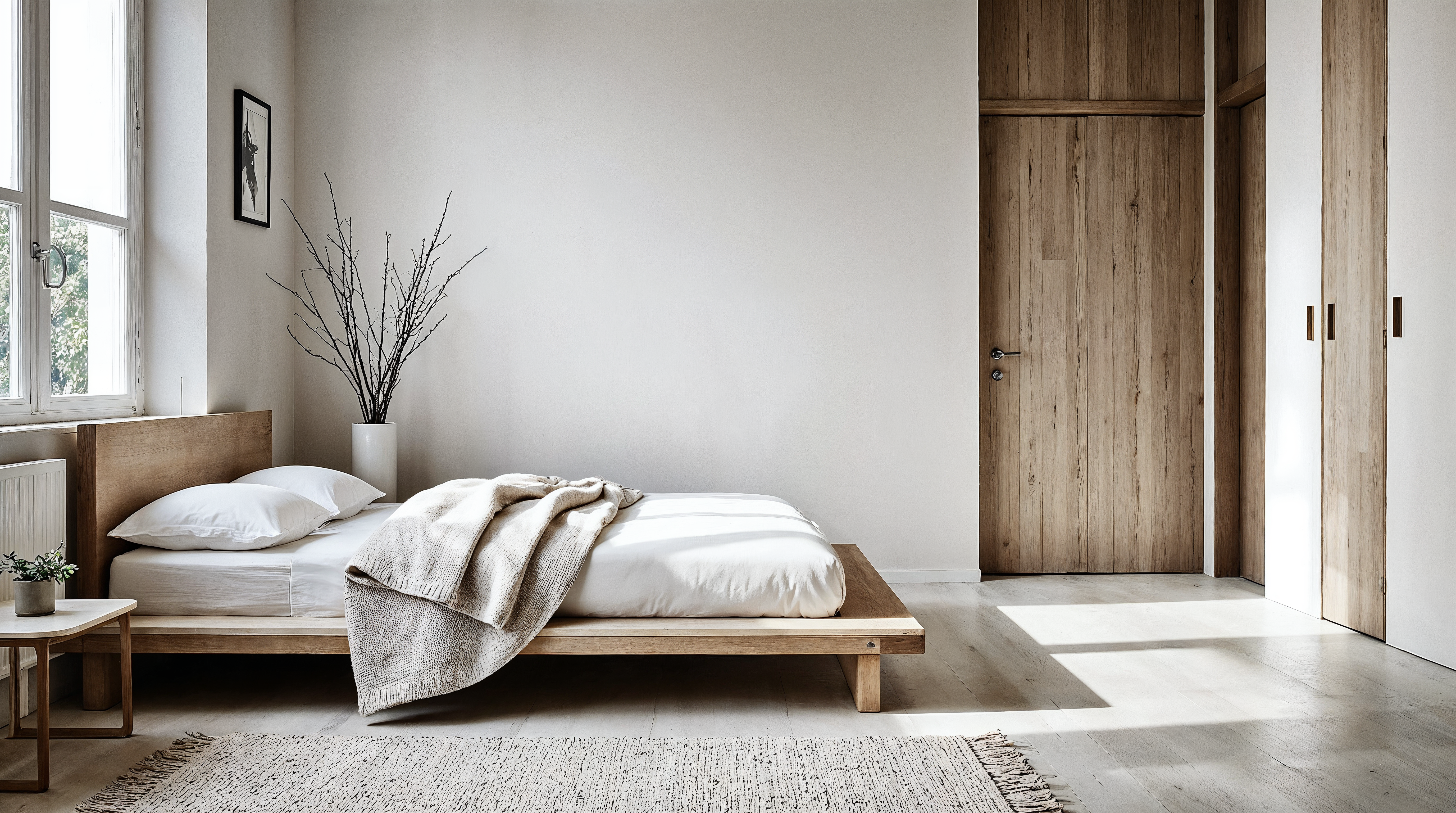 japandi minimlalistyczna sypialnia w jasnych kolorach