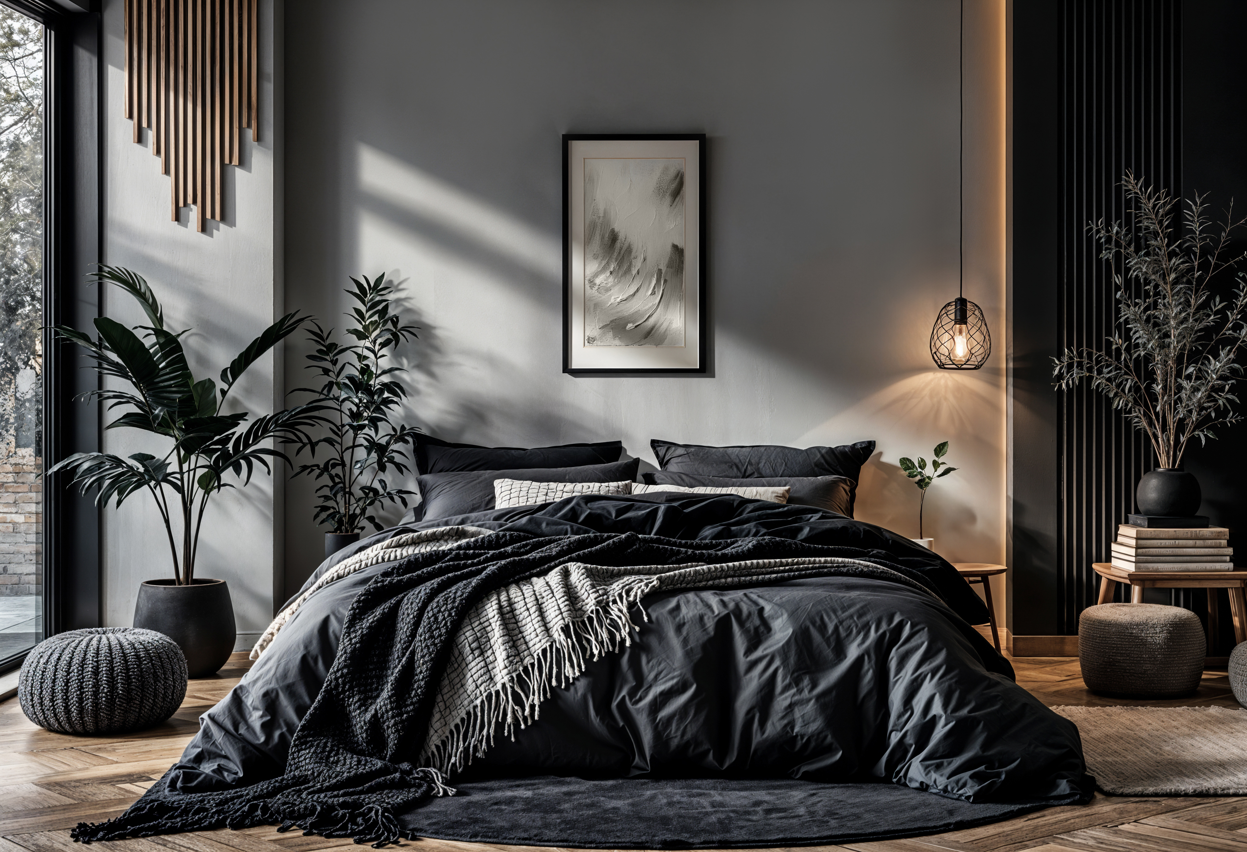 loft elegancja sypialnia drewniana podłoga w jodełkę