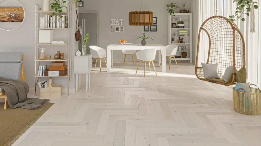 jadalnia w stylu skandynawskim drewniana naturalna podłoga dąb Cappuccino