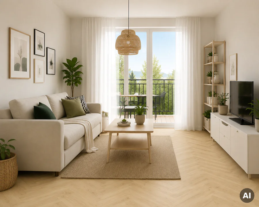 Panele winylowe SPC z podkładem Jodełka Grand w salonie w stylu skandynawskim