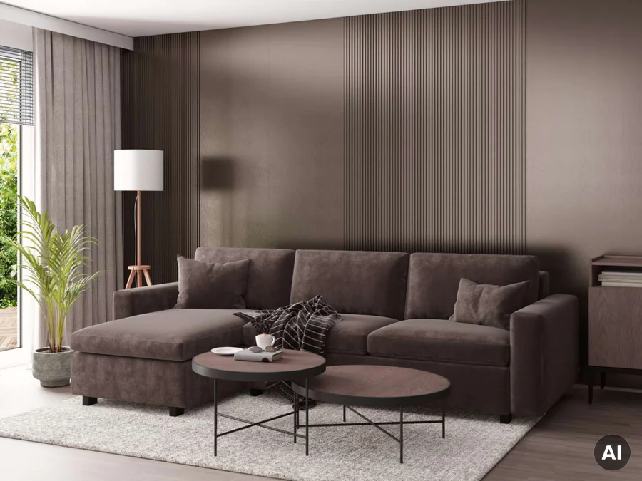 Panel lamelowy Rose Copper linerio w salonie za kanapą
