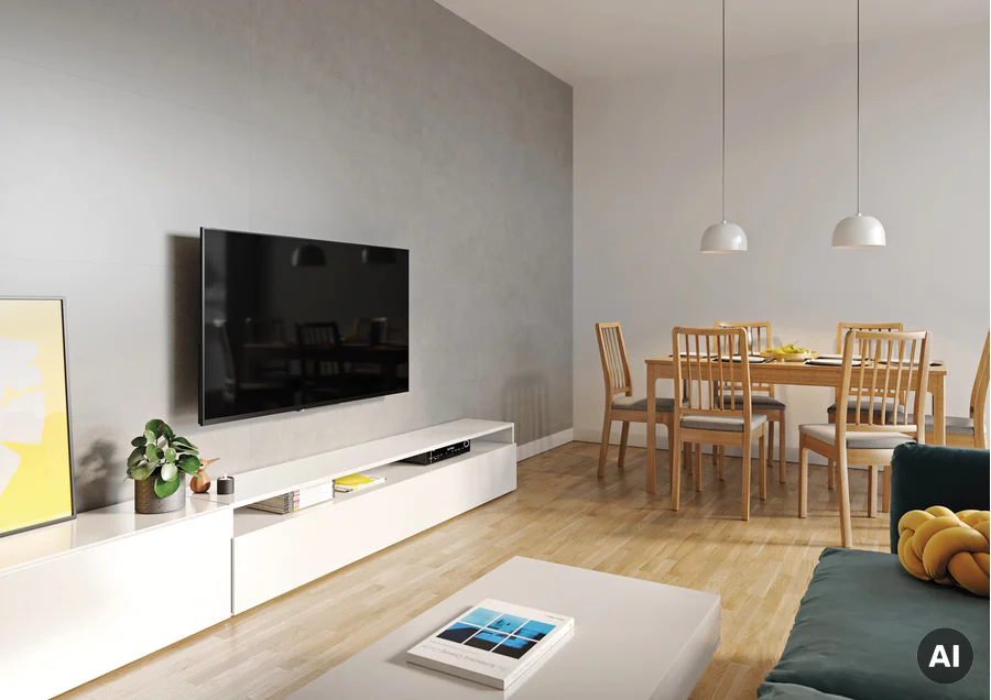 Panele ścienne Concrete Light 30x60 Beton Szary Matowy w salonie za telewizorem