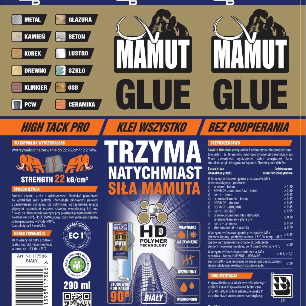 Klej uniwersalny do listew Mamut Glue Biały 290ml 117586