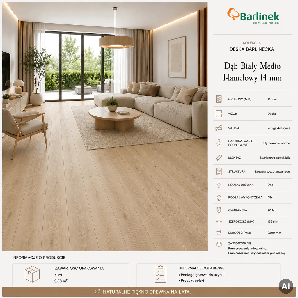 Podłoga drewniana Dąb Biały Medio 1-lamelowy 14 mm, BC8-DBB1-OX4-RXR-D14155-F