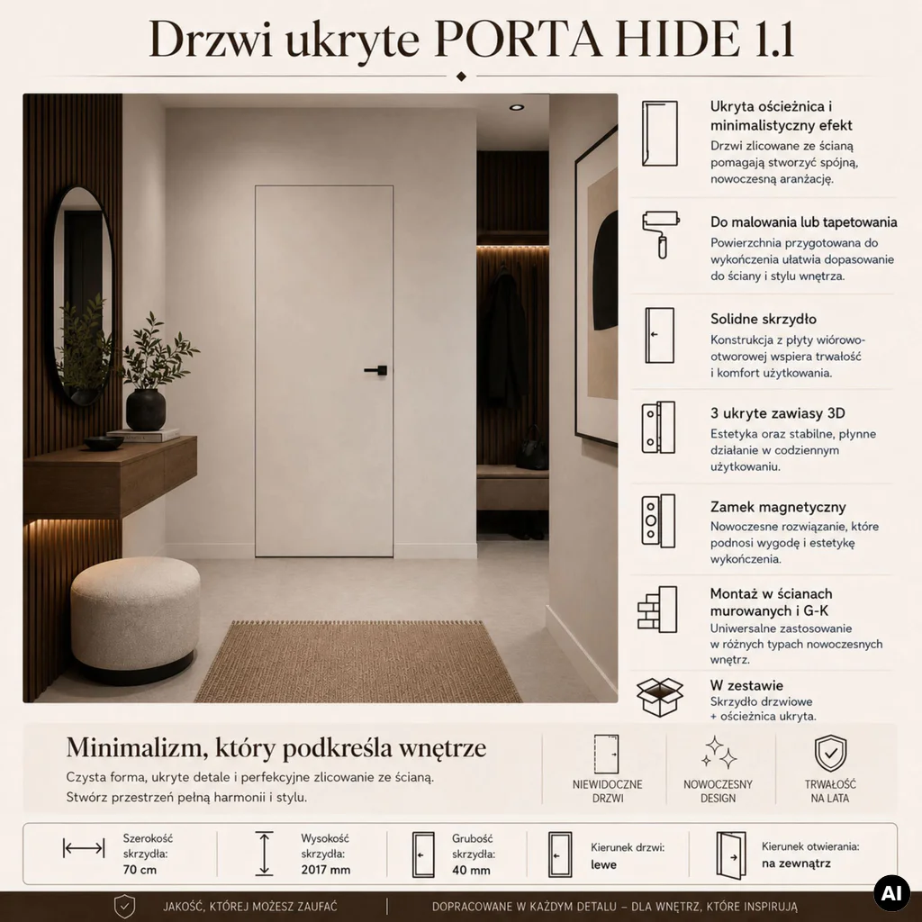 Drzwi ukryte Porta HIDE Bezprzylgowe (otwierane na zewnątrz) Lewe 70cm płyta, SPA1110L07LBP0A7V0O000