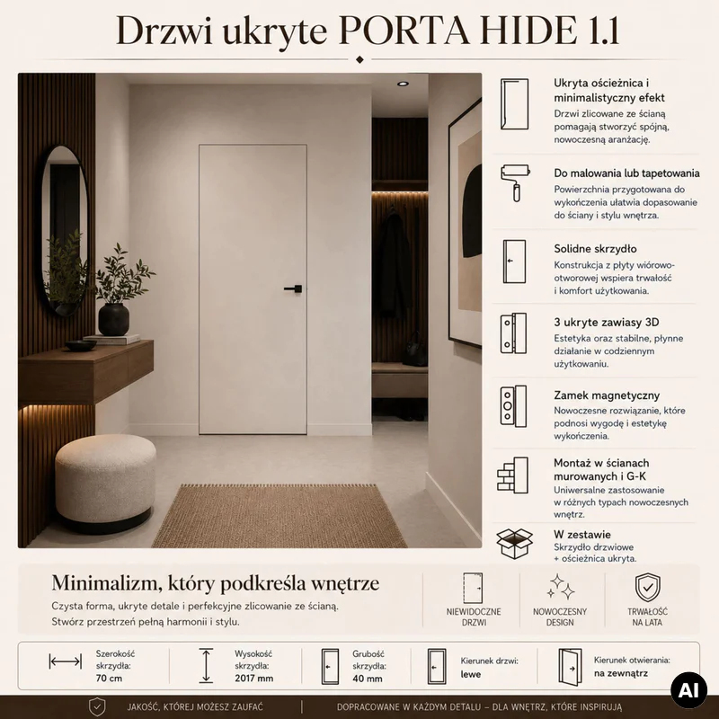 Drzwi ukryte Porta HIDE Bezprzylgowe (otwierane na zewnątrz