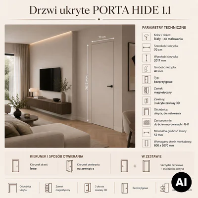 Drzwi ukryte Porta HIDE Bezprzylgowe (otwierane na zewnątrz) Lewe 70cm płyta, SPA1110L07LBP0A7V0O000