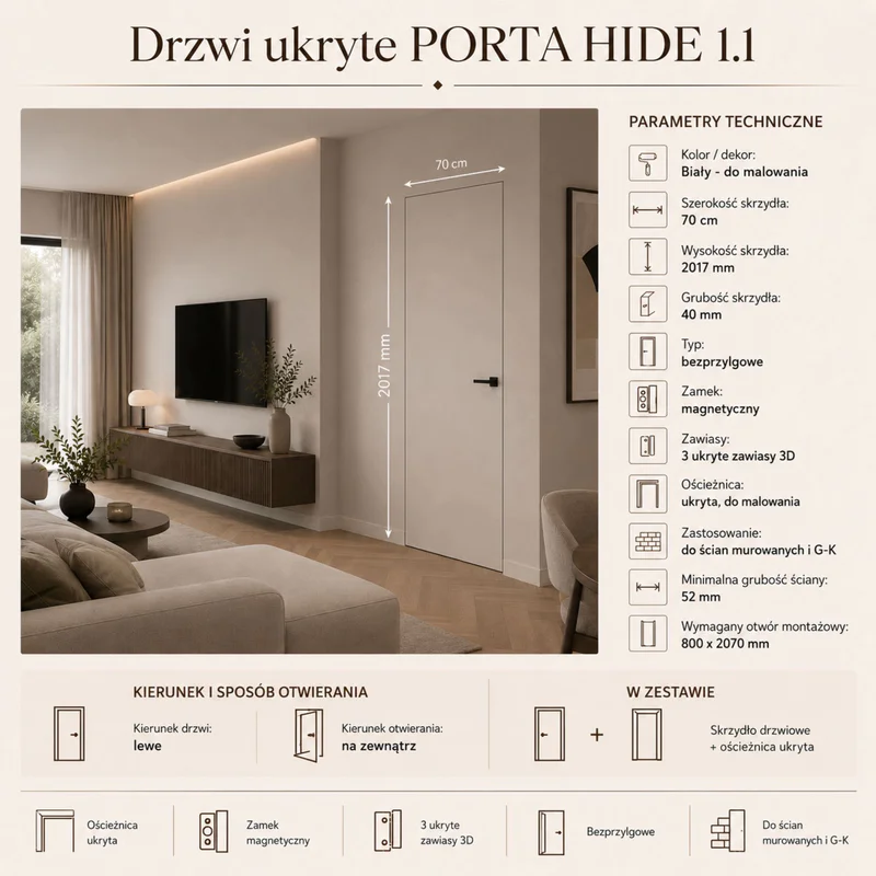 Drzwi ukryte Porta HIDE Bezprzylgowe (otwierane na zewnątrz