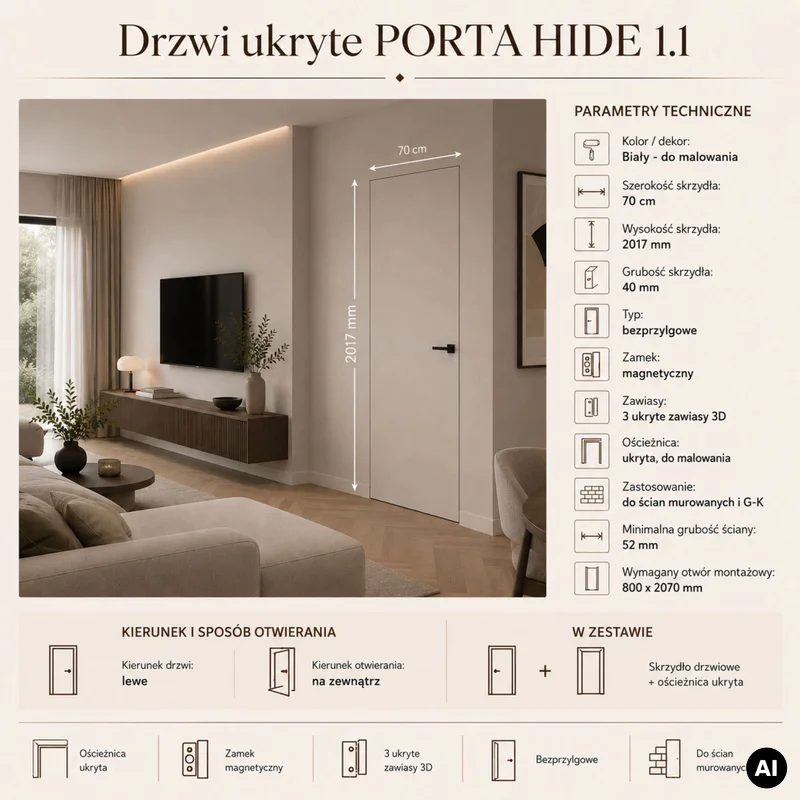 Drzwi ukryte Porta HIDE Bezprzylgowe (otwierane na zewnątrz