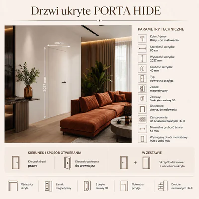 Zestaw Drzwi ukryte + Ościeżnica Porta HIDE Odwrotna przylga (otwierane do wewnątrz) Prawe 80cm płyta, SPP1110P08LBP0A7V0O000, OPP100LP080000AN300000