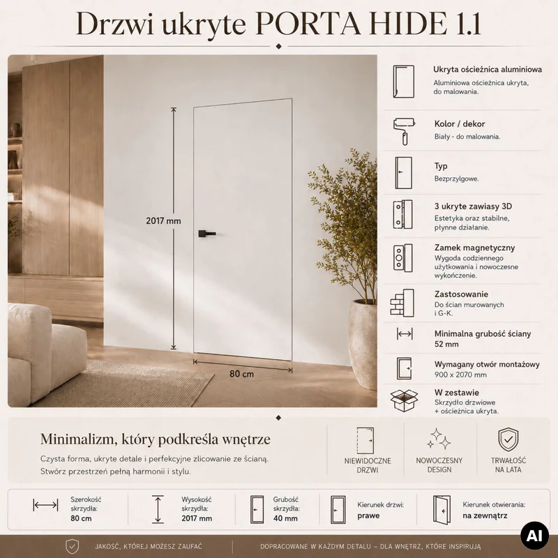 Zestaw Drzwi ukryte + Ościeżnica Porta HIDE Bezprzylgowe (