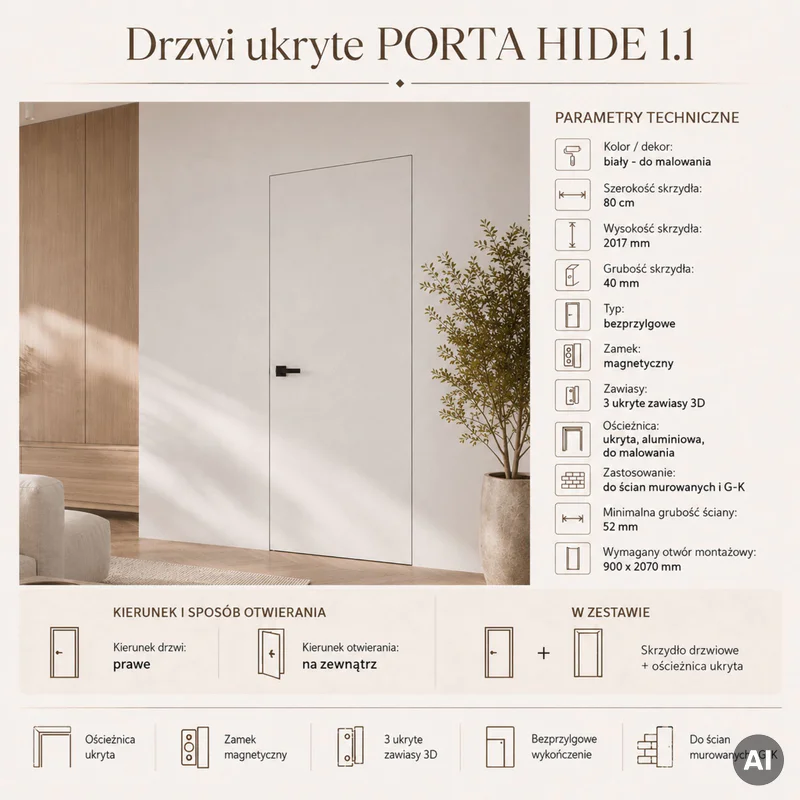 Zestaw Drzwi ukryte + Ościeżnica Porta HIDE Bezprzylgowe (