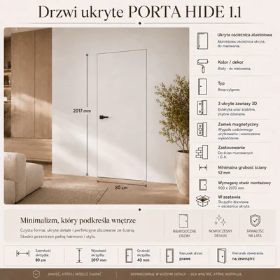 Zestaw Drzwi ukryte + Ościeżnica Porta HIDE Bezprzylgowe (otwierane na zewnątrz) Lewe 80cm płyta, SPA1110L08LBP0A7V0O000, OPA100LL080000AN300000