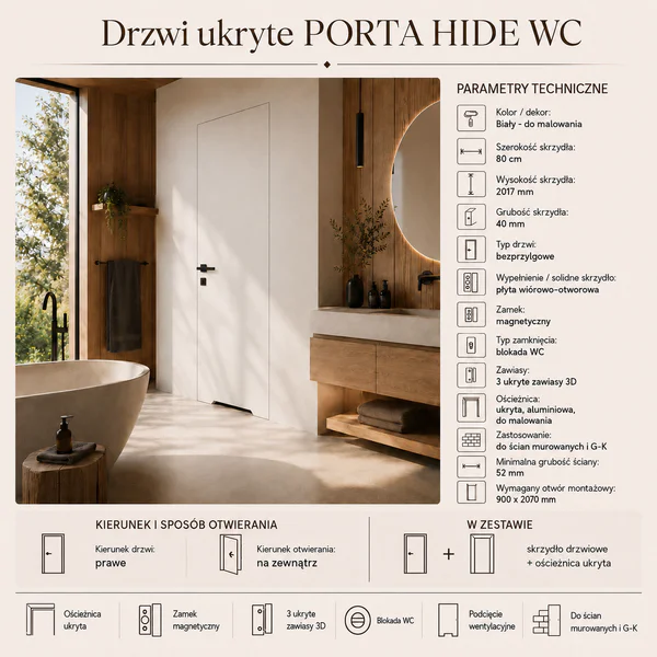 Zestaw Drzwi ukryte + Ościeżnica Porta HIDE WC Bezprzylgow