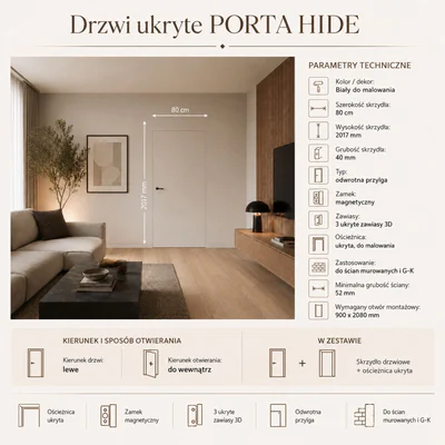 Zestaw Drzwi ukryte + Ościeżnica Porta HIDE Odwrotna przylga (otwierane do wewnątrz) Lewe 80cm płyta, SPP1110L08LBP0A7V0O000, OPP100LL080000AN300000