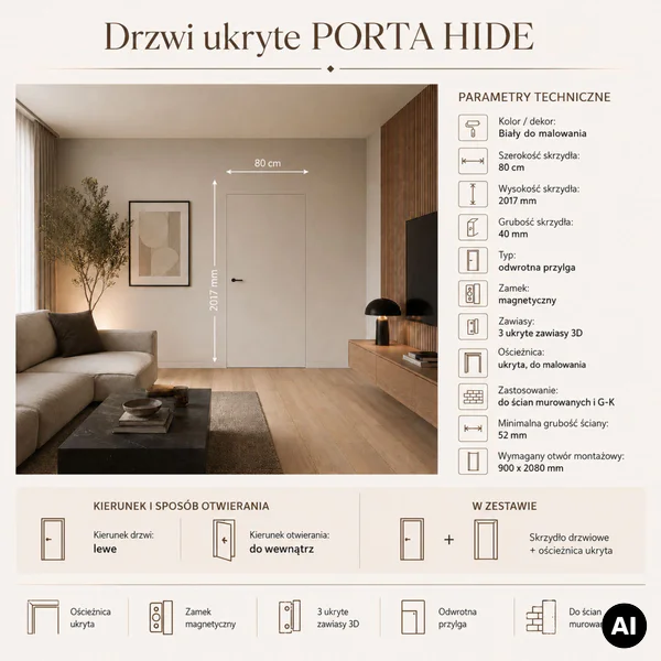 Zestaw Drzwi ukryte + Ościeżnica Porta HIDE Odwrotna przyl