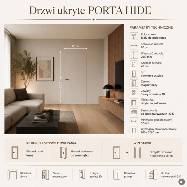 Zestaw Drzwi ukryte + Ościeżnica Porta HIDE Odwrotna przyl
