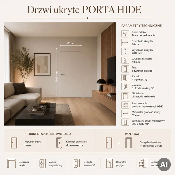 Zestaw Drzwi ukryte + Ościeżnica Porta HIDE Odwrotna przyl