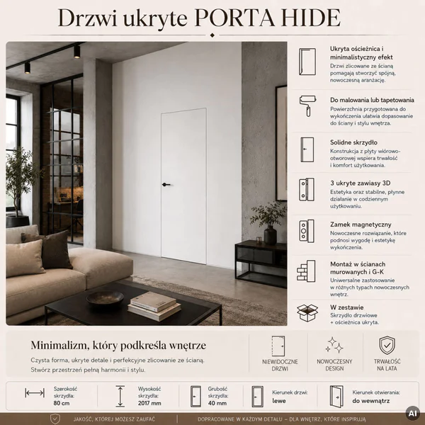 Zestaw Drzwi ukryte + Ościeżnica Porta HIDE Odwrotna przyl