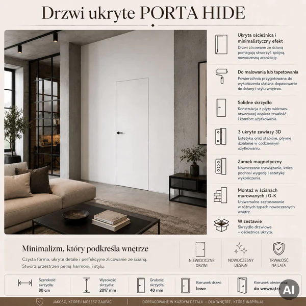 Zestaw Drzwi ukryte + Ościeżnica Porta HIDE Odwrotna przyl