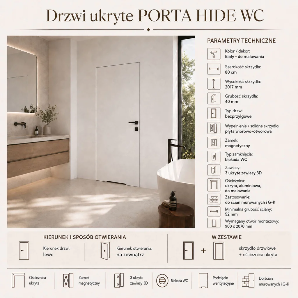 Zestaw Drzwi ukryte + Ościeżnica Porta HIDE WC Bezprzylgowe (otwierane na zewnątrz) Lewe 80cm płyta, SPA1110L08LBPWAYV0O000, OPA100LL080000AN300000