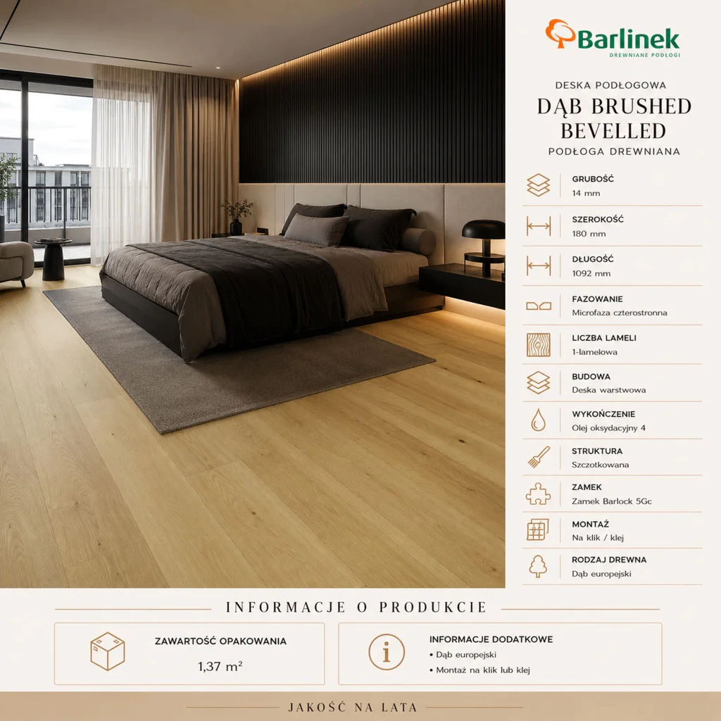 Podłoga drewniana Dąb Brushed Bevelled 14 mm, BC1-DBE1-OX4-XXR-K14180-F